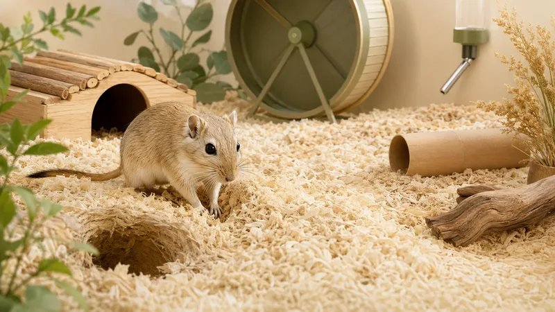Gerbil saudável em recinto enriquecido com substrato, toca e roda de exercício