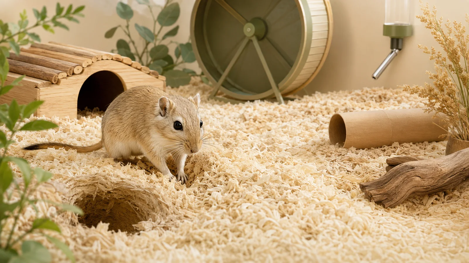 Gerbil saudável em recinto enriquecido com substrato, toca e roda de exercício